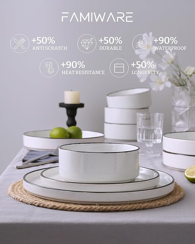 Famiware Nebula 24-Piece Dinnerware Set, White with Black Rim