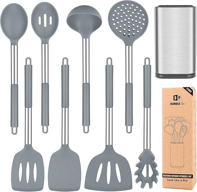 Silicone Cooking Utensils Set, 8 Pcs Kitchen Utensils with Holder, Gray