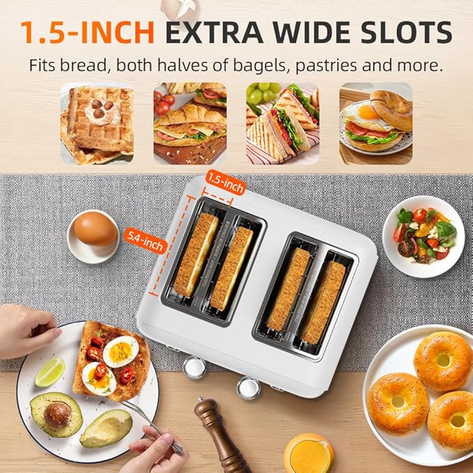 RAMJOY White Toaster 4 Slice, Dual Independent Controls, Extra Wide Slot Toasters for Bagel, Bread, Waffles, 7 Shade Settings, 4 Main Functions, Removable Crumb Tray, 1500 Watts, White Stainless Steel