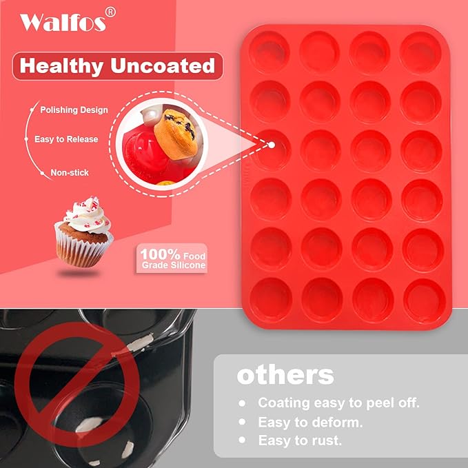 Walfos Mini Silicone Muffin Pan - 24 Cups, BPA Free and Dishwasher Safe, Non-stick Silicone Cupcake Baking Pan, Great for Making Muffin Cakes, Tart, Bread