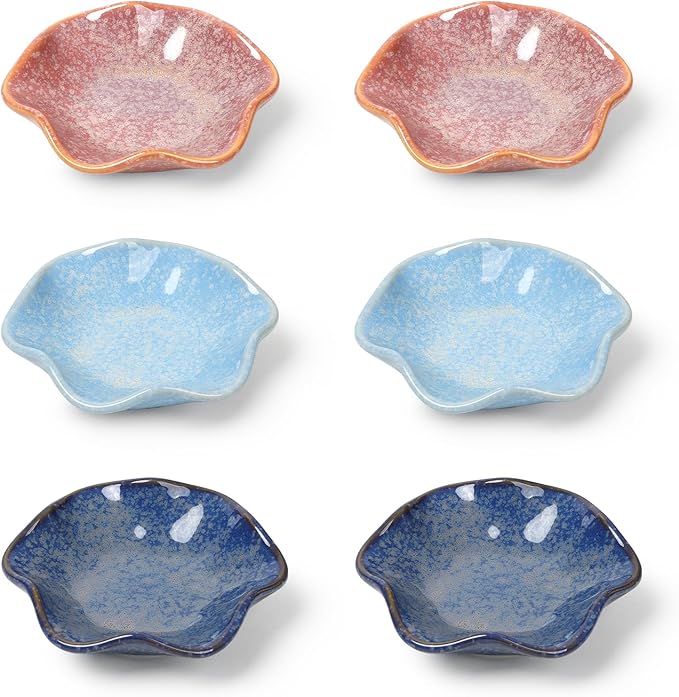 ZEBERBO Dipping Bowls Set of 6, Ceramic Soy Sauce Dishes, 2 oz Dipping Sauce Cups, chrysanthemum Round Small Side Dish Dishes for Dipping Sushi Tomato Soy Sauce Dish