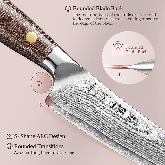 HEZHEN 5.3'' Utility Knife with Sheath – 67 Layers Damascus Steel, Kitchen Petty Knife for Trimming, Peeling & Slicing, Ergonomic Micarta Handle