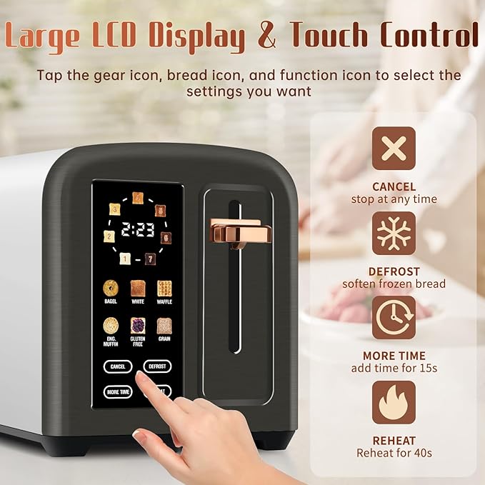 SEEDEEM 2-Slice Touchscreen Toaster, Stainless, 7 Shade, 1350W, Grey