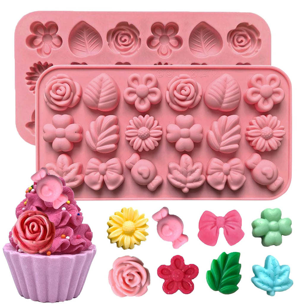 2PCS Flower Candy Molds Flower Shape Chocolate Molds, 18 Cavity Pink