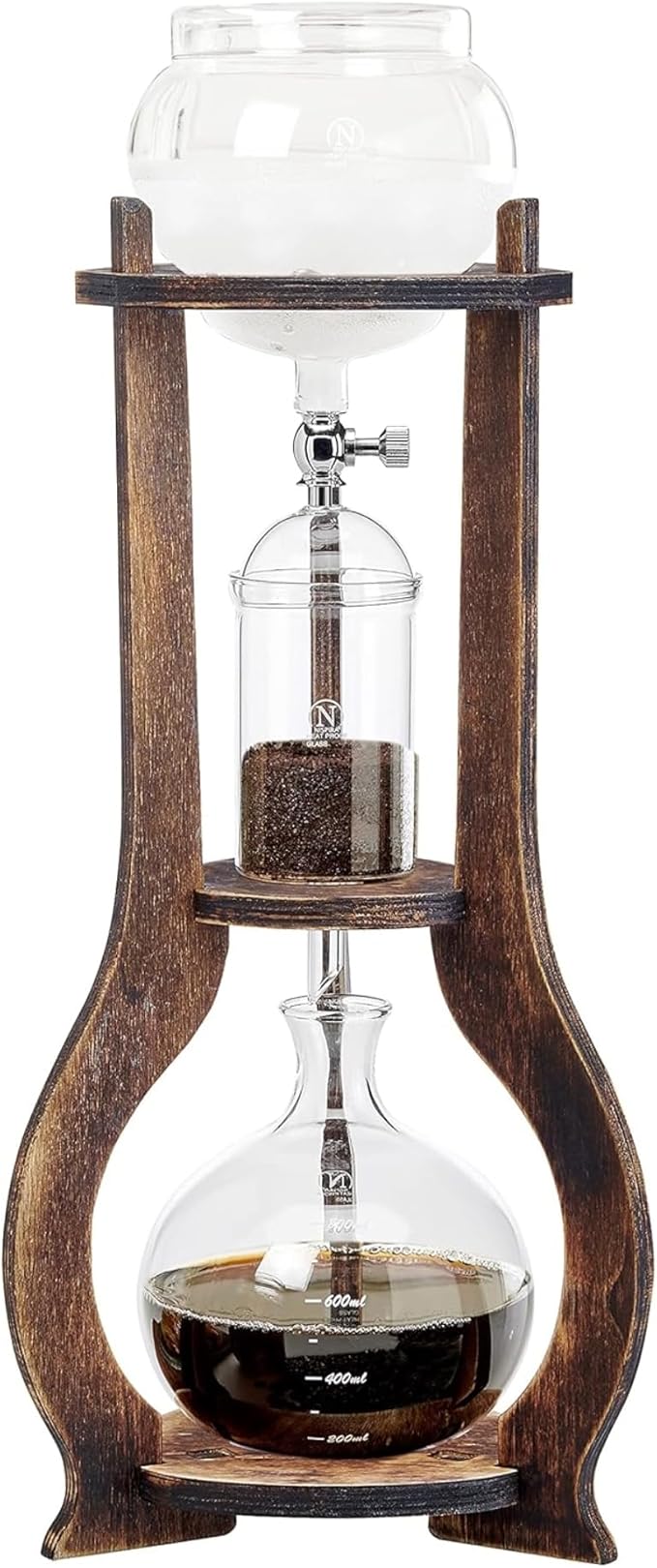 Nispira Iced Coffee Cold Brew Drip Tower Coffee Maker, 6–8 Cup Manual Cold Brew Brewer with Adjustable Valve, Wooden Frame & Glassware, Slow Cold Extraction System