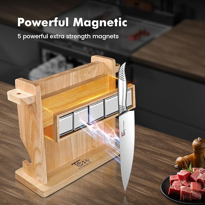 SYOKAMI Japanese Knives Set for Kitchen, Magnetic Knife Set with Block and Sharpener, Stainless Steel Knife Set as Gift for Couple, Wedding, Women or Mom with Gift Box, 14 PCS Black Dot