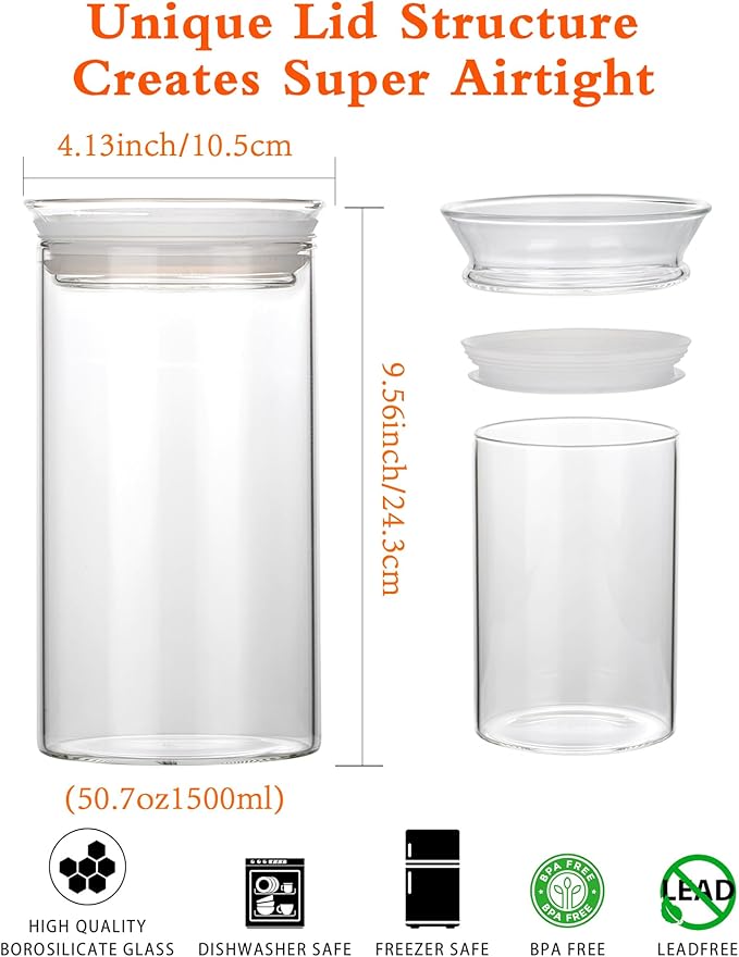 ZENS Glass Canisters with Airtight Lids, Set of 2 50oz Tall Storage Jars