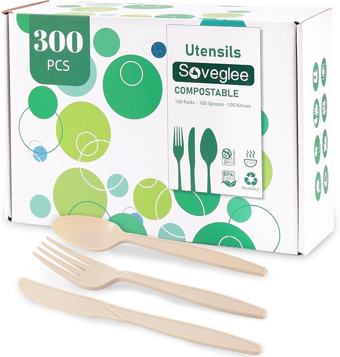 300 Count Light Brown Compostable Silverware Heavy Duty 100 Forks 100 Spoons 100 Knives, No Plastic Disposable Utensils Large Eco Friendly Biodegradable Cutlery for Party Office Wedding
