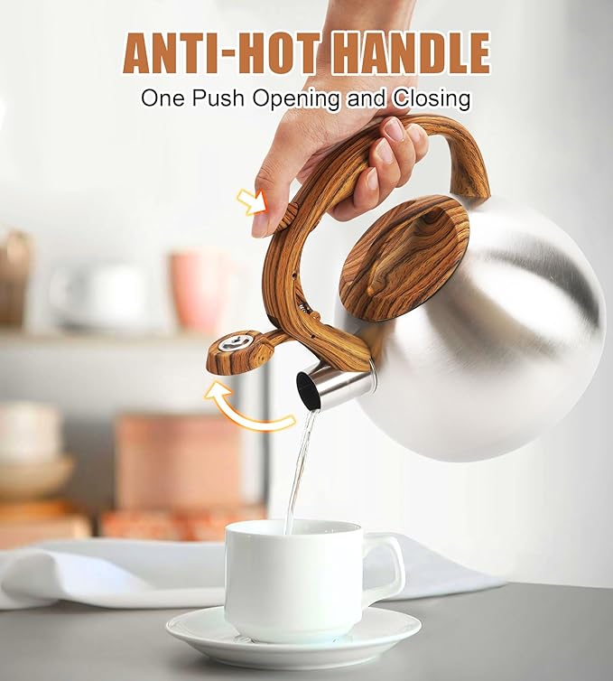 Foedo 3.2Qt Stainless Steel Whistling Tea Kettle Stovetop, Silver