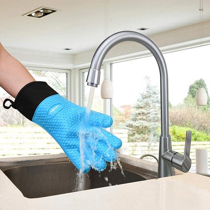Loveuing Kitchen Oven Gloves - Dual-Layer Heat Resistant Grilling Gloves, Silicone Oven Mitts with 5 Fingers, Waterproof Non-Slip Pot Holder for Barbecue, Cooking, Baking (Small, Blue Long)