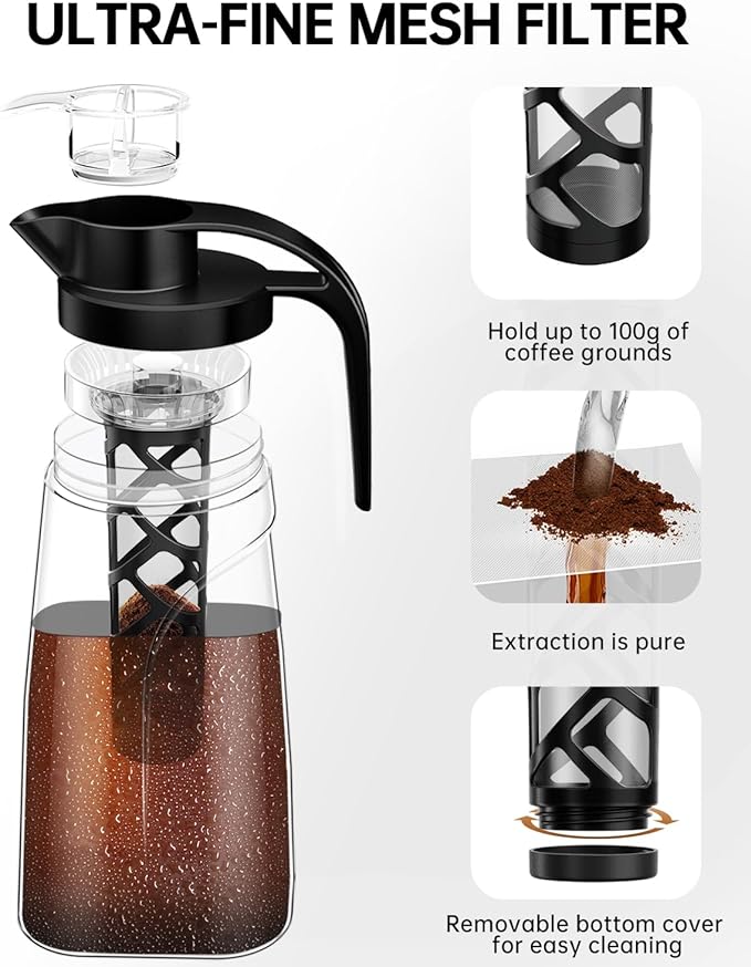 YURICK Cold Brew Coffee Maker, 70 oz (2100 ml) BPA Free Tritan Pitcher, Iced Coffee Maker and Tea Brewer, 100% Leak-Proof, Easy to Clean Reusable Mesh Filter, Black