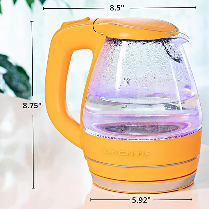 OVENTE 1.5L Glass Electric Kettle Water Boiler, Orange KG83O