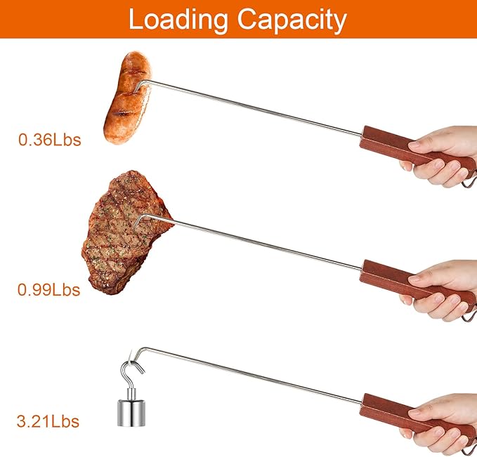 Acrux7 4 Pack Pigtail Meat Flipper Hook, 17 Inch Stainless Steel BBQ Meat Hook with Wooden Handle, Steak Turner Flipper Hook, Pigtail Food Flippers for Grilling, Smoking, Easy to Clean & Right Handed