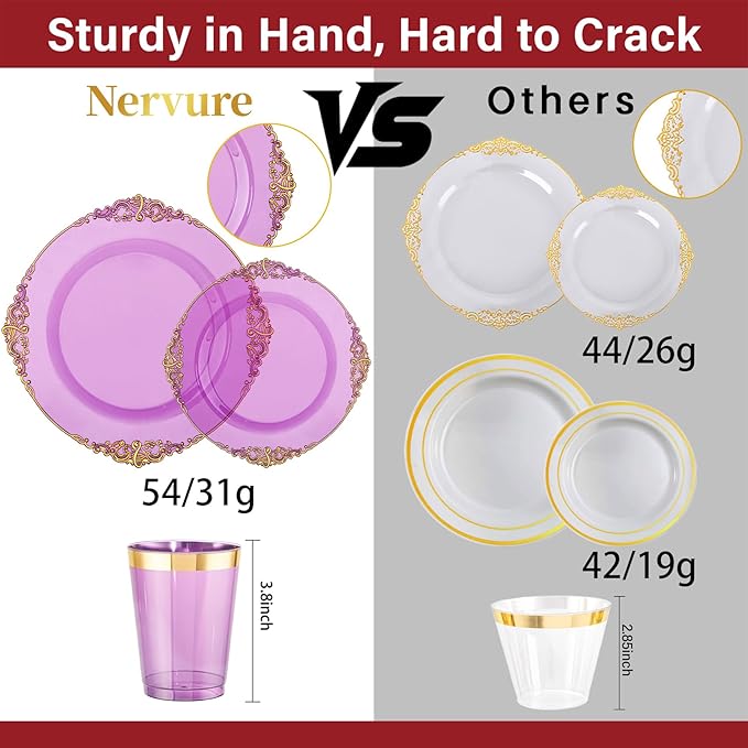Nervure 350Pcs Purple Plastic Plates, Plastic Dinnerware Set for 50 Guests