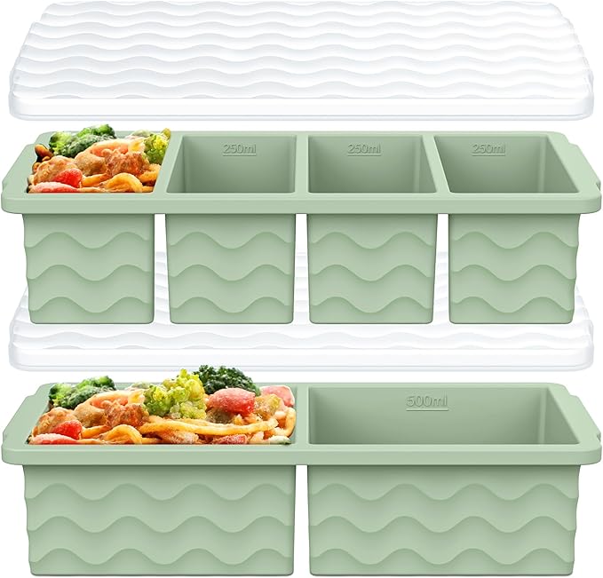 Silicone Freezer Trays with Lid for Soup, 1-Cup & 2-Cup Large Ice Cube Molds Food Storage Containers for Meal Prep, Freeze 500mL/250mL/125mL Portions – 2 Pack