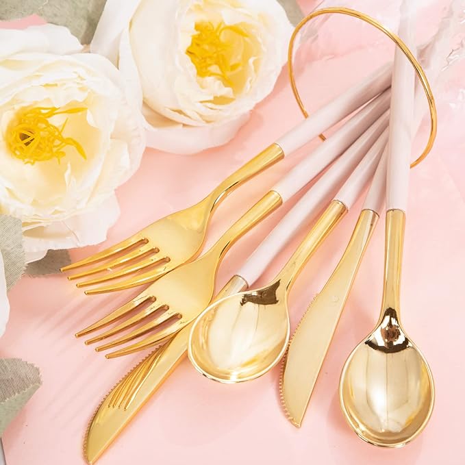Rubtlamp 90Pcs Gold Plastic Silverware, Fancy Utensils Set With Pink Handles Include 30 Gold Knives, 60Plastic Forks and Spoons, Pink Silverware Heavy Duty For Mother's Day
