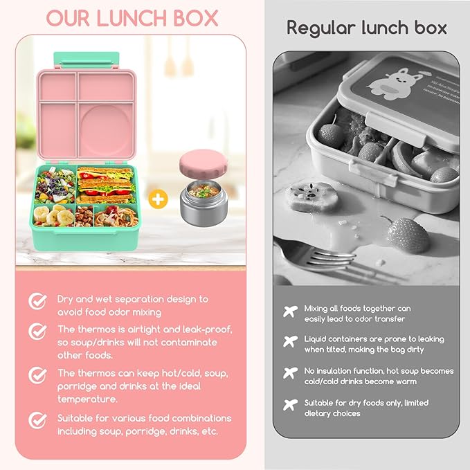 JoyYum Bento Box for Kids - Leak-Proof Bento Lunch Box with Insulated Thermo Food Jar - 4 Compartments, 1 Removable Divider, 1 Spoon, 1 Fork - Dishwasher Safe, BPA-Free (Light pink)