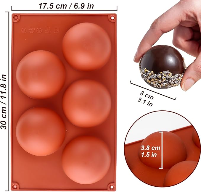 Lerykin 3 Pack Extra Large 5-Cavity Semi Sphere Silicone Molds, Half Sphere Baking Mold Non-Stick for Making Big Size Hot Chocolate Bomb, Jelly, Cake, Dome Mousse