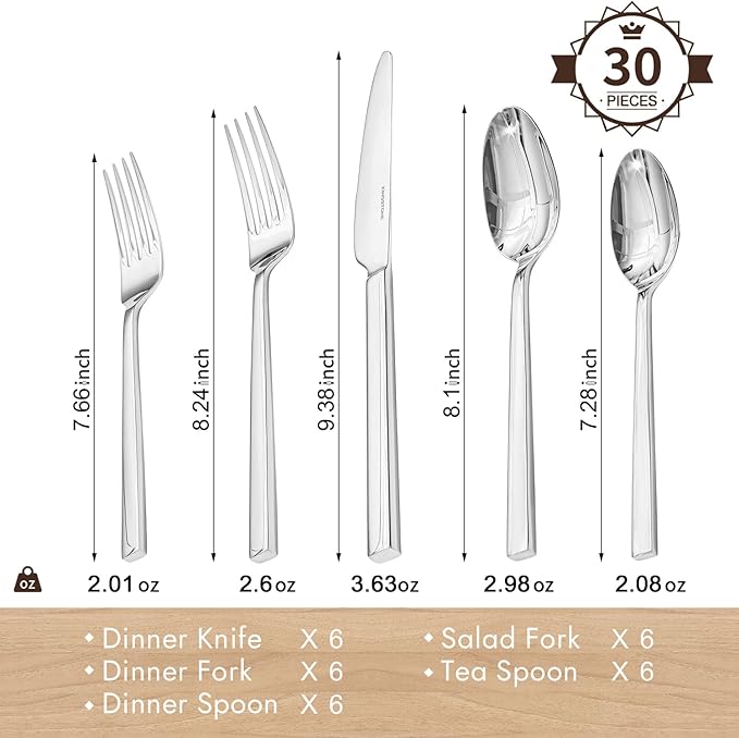 Silverware Set for 6, 30 Piece Flatware Set, Stainless Steel
