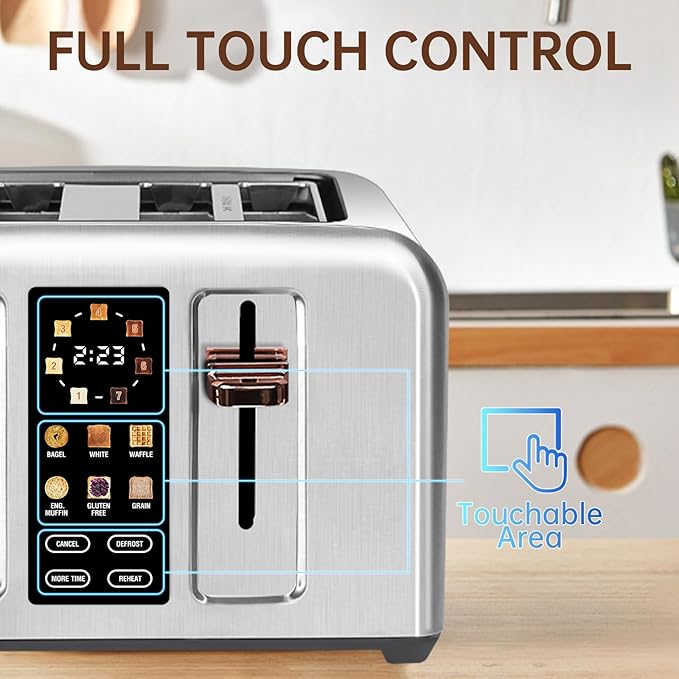 SEEDEEM Touchscreen Toaster 4 Slice, 7 Shade, Stainless, 1800W Silver Metallic