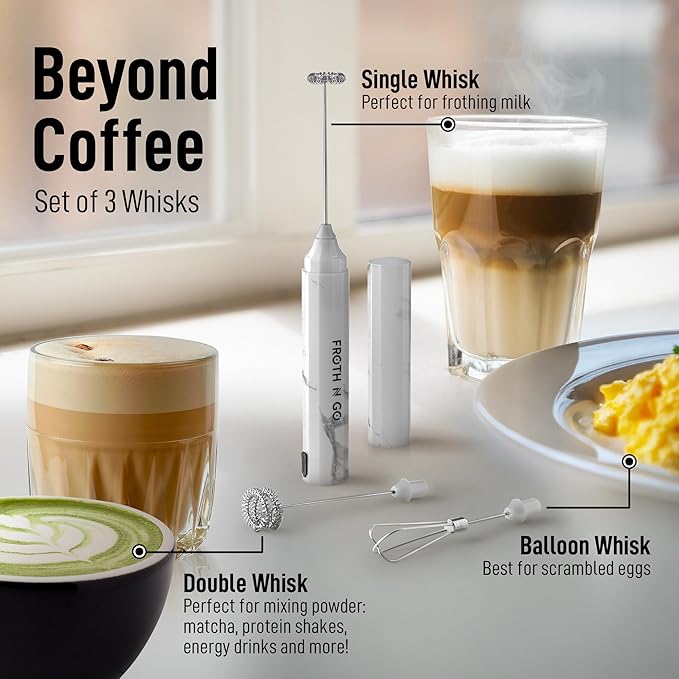 Zulay Froth N Go Milk Frother – Rechargeable 3-in-1 Handheld Frother Wand with Travel Case & USB-C Charger – Single, Double & Egg Whisk for Latte, Cappuccino, Matcha, Protein Shakes - Frosted Marble