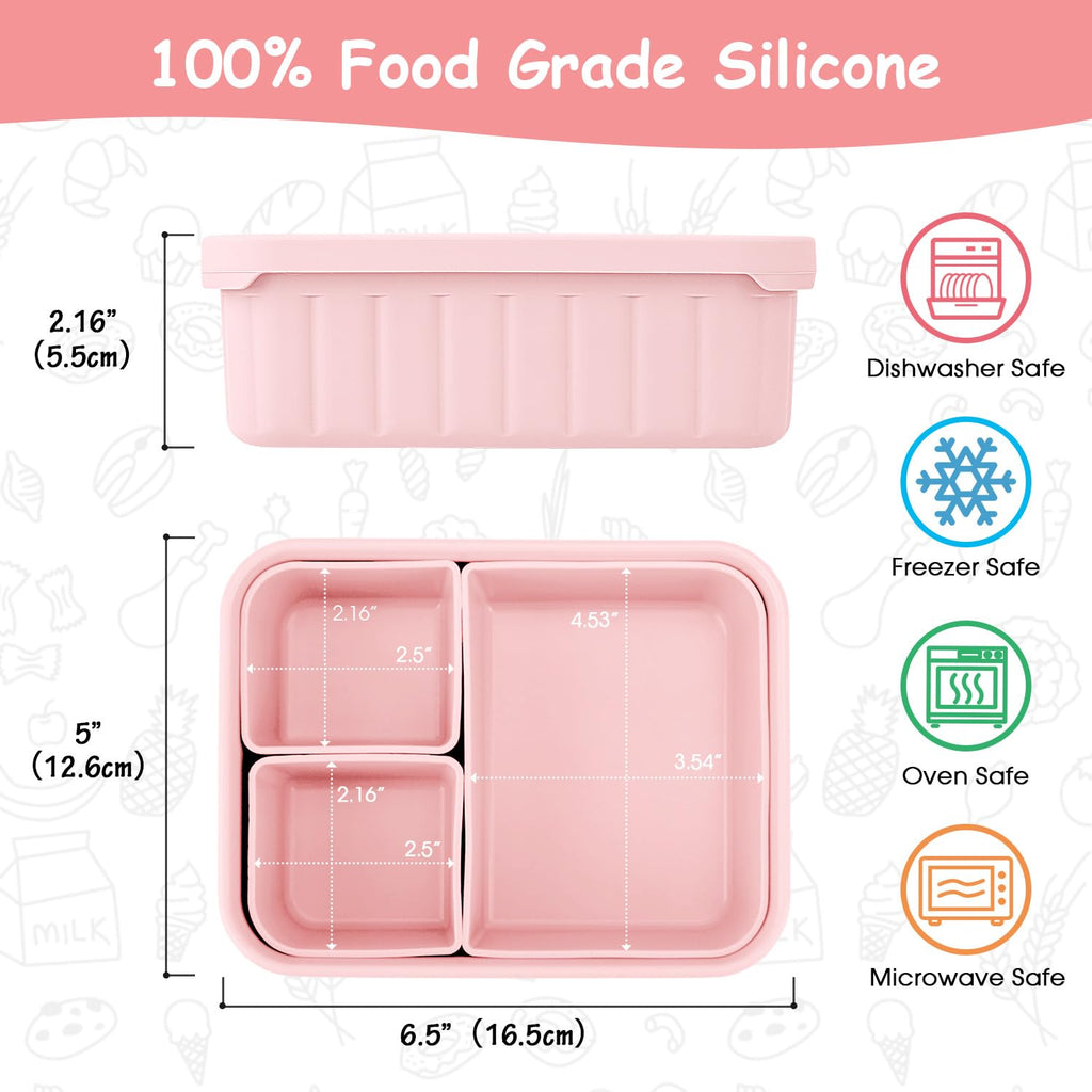 Bento Lunch Box for Kids-Reusable Silicone Kids Bento Box Lunch Container Leakproof Lunchbox Meal Prep Food Storage Containers with 3 Removable Compartments–Dishwasher Safe/BPA Free/Portion Control