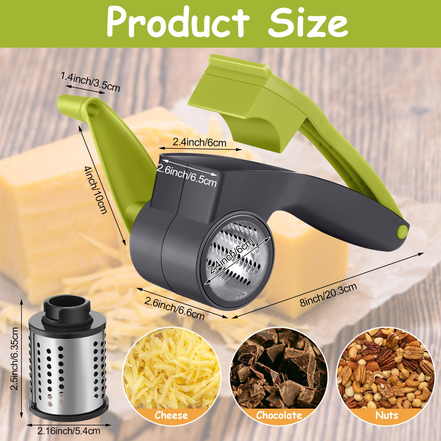 Boao Rotary Cheese Grater Manual Handheld Cheese Grater with Stainless Steel Drum for Grating Hard Chocolate Nuts Kitchen Tool Christmas favors(Gray Green)