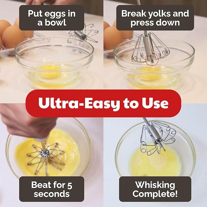 Stainless Steel Push-Down Rotary Egg Beater Hand Whisk 2 Pack 12 & 14 Inch