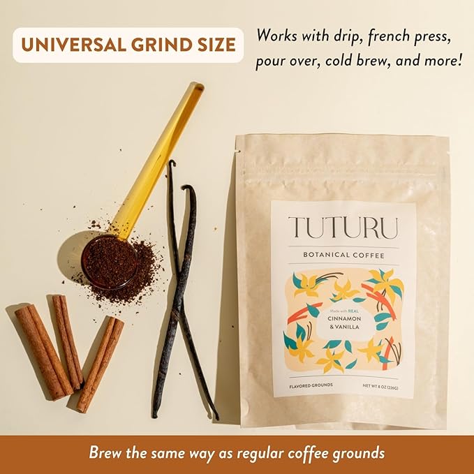 Organic Cinnamon Vanilla Ground Coffee - Real Cinnamon & Vanilla - Medium Roast, Flavored Coffee - Smooth Low-Acid - Perfect for Drip, Pour Over or Cold Brew - 8 oz, 22 Servings