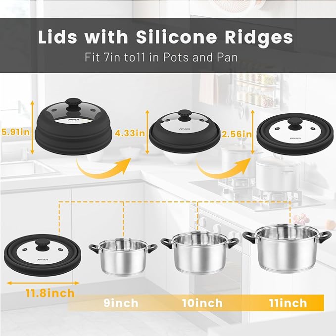 Microwave Splatter Cover, Vented Silicone & Glass Anti-Splatter Lid with Handle, Collapsible Food Plate Cover Fits 6–11 Inch Plates and Bowls (Black, 11.8inch)