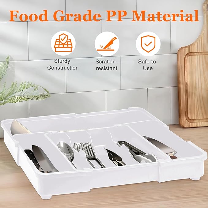 Spaclear Silverware Drawer Organizer, Adjustable Utensil Tray for Kitchen Drawer, 19 x 15 Inches Flatware and Cutlery Holder, Expandable Plastic Storage for Spoons Forks Knives, 4-7 Slots, White