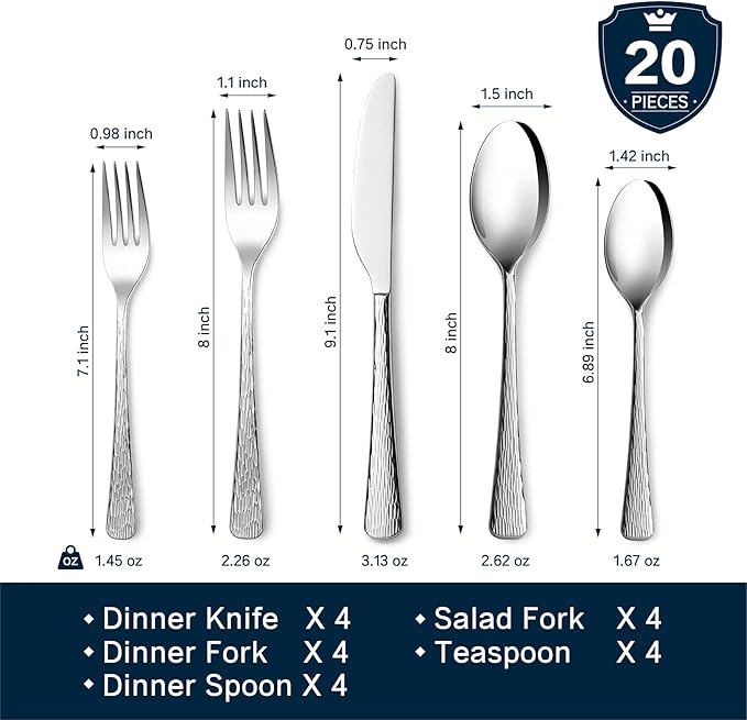 Silverware Set for 4, 20 Piece Flatware Set, 18/10 Stainless Steel