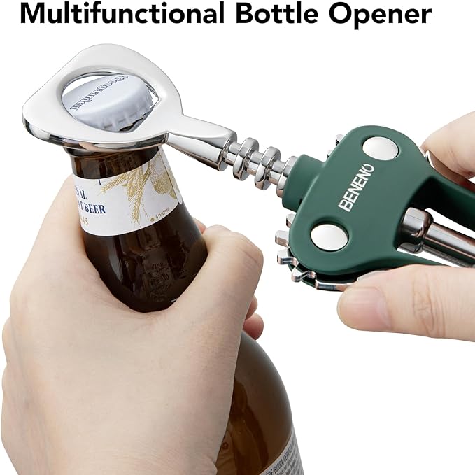 Beneno Premium Wing Corkscrew Wine Opener and Bottle Opener, Dark Green