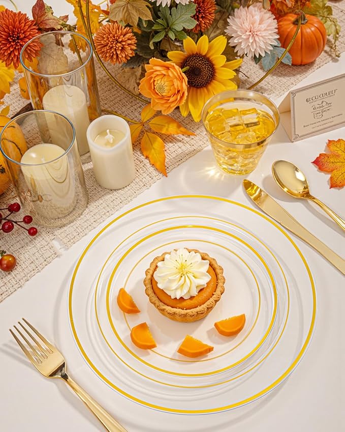 bUCLA 600PCS Clear Plates with Gold Trim - Clear Gold Dinnerware Set Disposable Include 100 Dinner/100 Dessert Plates, 100 Knives, 100 Forks, 100 Spoons, 100 Cups for Wedding, Party