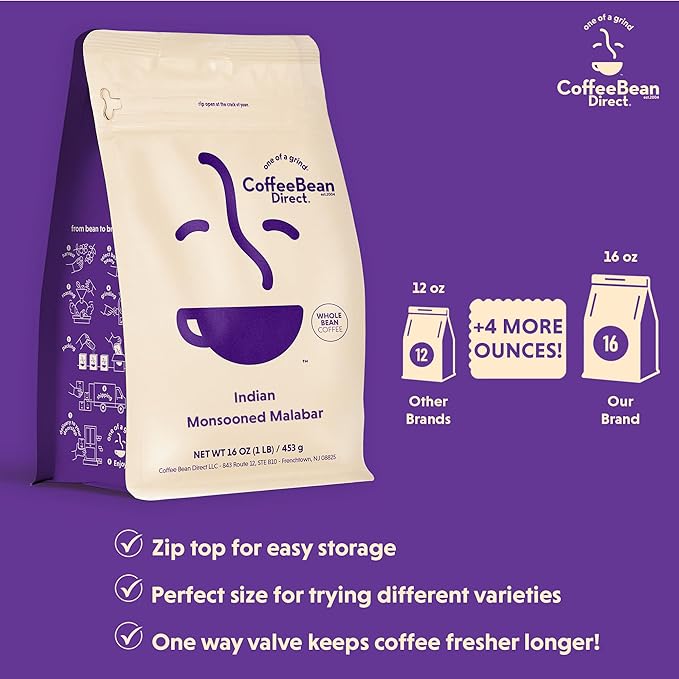 Coffee Bean Direct Indian Monsooned Malabar, Whole Bean, 1lb Bag