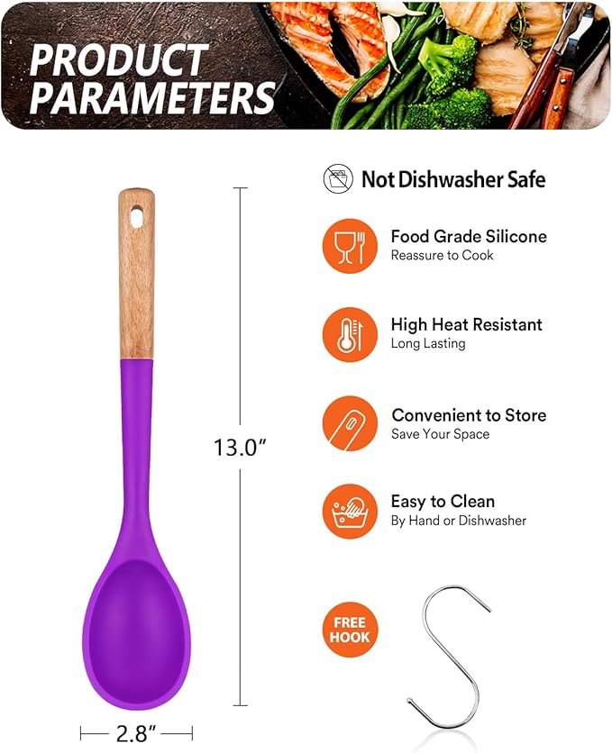 Badiano Large Silicone Cooking Spoons, Nonstick Solid Wooden Handle,13.2in