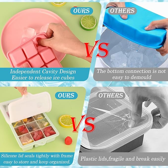 HUAKENER 2 Pack Silicone Ice Cube Tray, Ice Cube Trays for Freezer with Lid