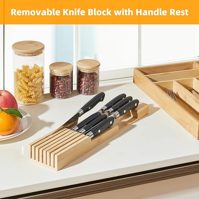 TIOPGHAD Small Bamboo Silverware Organizer Kitchen Utensil Tray, Natural