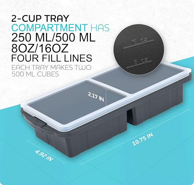XOMOO Silicone Freezer Tray With Lid-Soup Freezer Container molds-2-cup Extra Large Ice Cube Tray-makes 4 perfect 500ml portions cubes, For freezing soup,stews,sauces.Oven&Dishwasher-Safe(2-Pack)