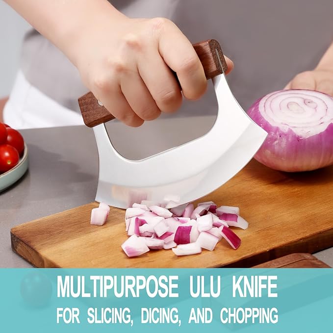 Coowolf Ulu Knife with Stand for Cutter Pizza Meat Vegetables Herb Salad