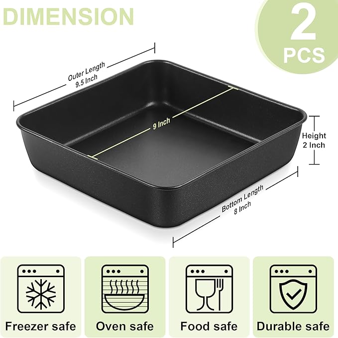 E-far 9 x 9 Inch Square Cake Pan, Nonstick Baking Brownie Pan Set of 2