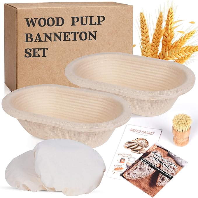Non-Stick 10" Oval Wood Pulp Banneton Bread Proofing Basket Set Of 2, Sourdough Banneton Basket Set, Bread Making Tool Brotform Sourdough Bread Baking Supplies