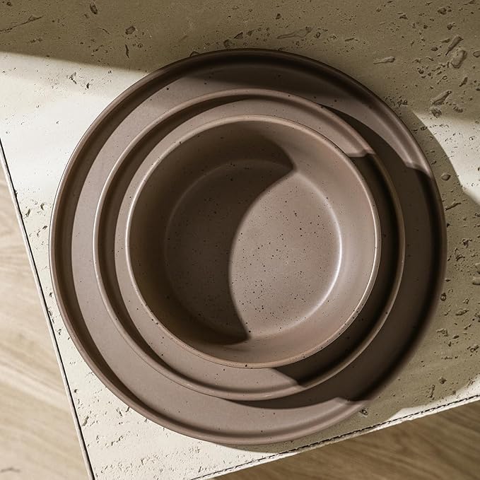 Stone Lain Celina Stoneware 16-Piece Modern Dinnerware Set, Plates and Bowls, Matte Brown, Service For 4, Microwave & Dishwasher Safe