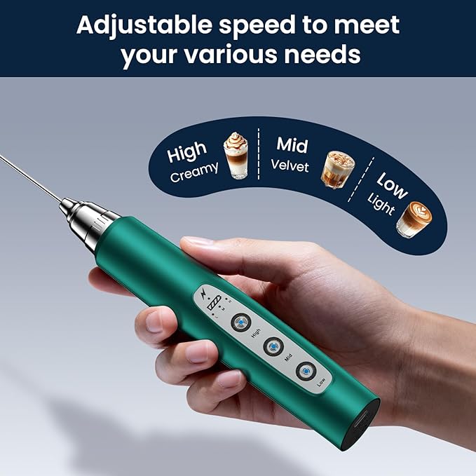 Milk Frother Wand Rechargeable Handheld Electric Whisk 3 Speed Adjustable