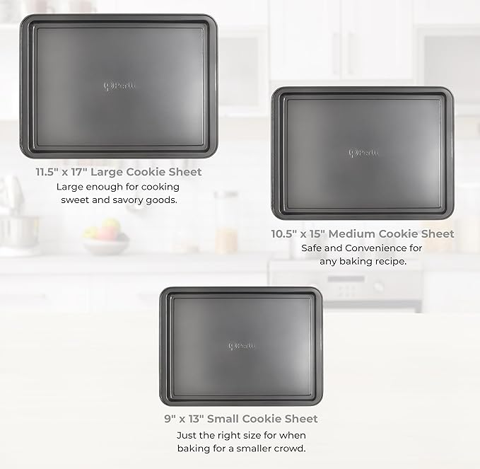 PERLLI Non-Stick 3-Piece Baking Pan Set – Carbon Steel with Even Heat Distribution, Oven Safe to 446°F, BPA-Free, Dishwasher Safe, Stackable Baking Tools for Easy Storage and Everyday Cooking - Gray