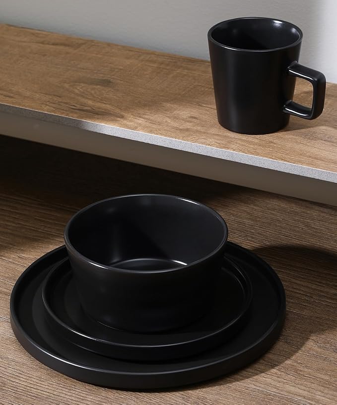 Stone Lain Celina Stoneware 32 Piece Modern Dinnerware Set, Plates and Bowls, Black Matte, Service for 8, Microwave & Dishwasher Safe