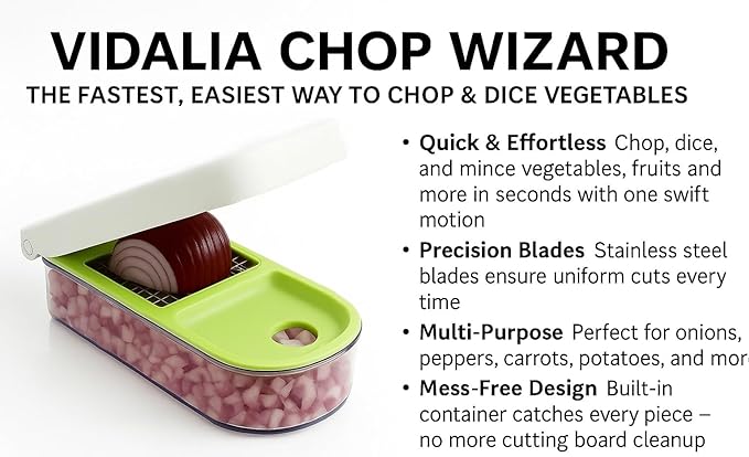 Vidalia Chop Wizard Vegetable Chopper – Original As Seen On TV Food Dicer with 2 Stainless Steel Blades, Large 2-Cup Container, Cleaning Tool, Dishwasher Safe Onion & Vegetable and Fruit Cutter