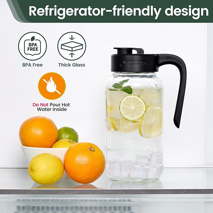 Spreccio Mason Jar Pitcher, 3 pcs 64 oz (2 quart), Glass Pitcher with Lid