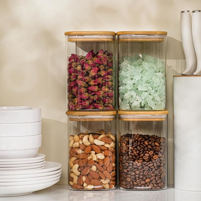 D2scrma 37oz Airtight Glass Square Storage Canisters with Bamboo Lid Set of 6 (1100ml) Stackable Containers, Kitchen Jars for Pantry Noodles, Flour and Coffee beans (‎with Black Lable)