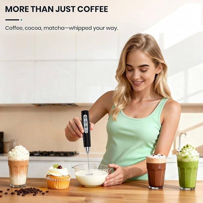 Colarlemo Milk Frother Handheld Rechargeable with Stand, Frother Wand Drink Mixer Electric Whisk for Coffee, Detachable With 3 Stainless Whisks, Hand Mixer for Lattes, Cappuccino, Matcha, Egg, Black